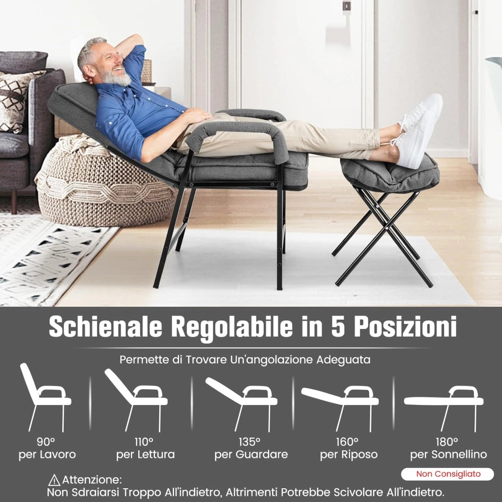 Poltrona Imbottita con Pouf Poggiapiedi Pieghevole, Schienale Alto Reclinabile a 5 Posizioni, Poltroncina Sedia Sdraio in Lino, Poltrona Moderna con Braccioli da Soggiorno Ufficio (grigio)