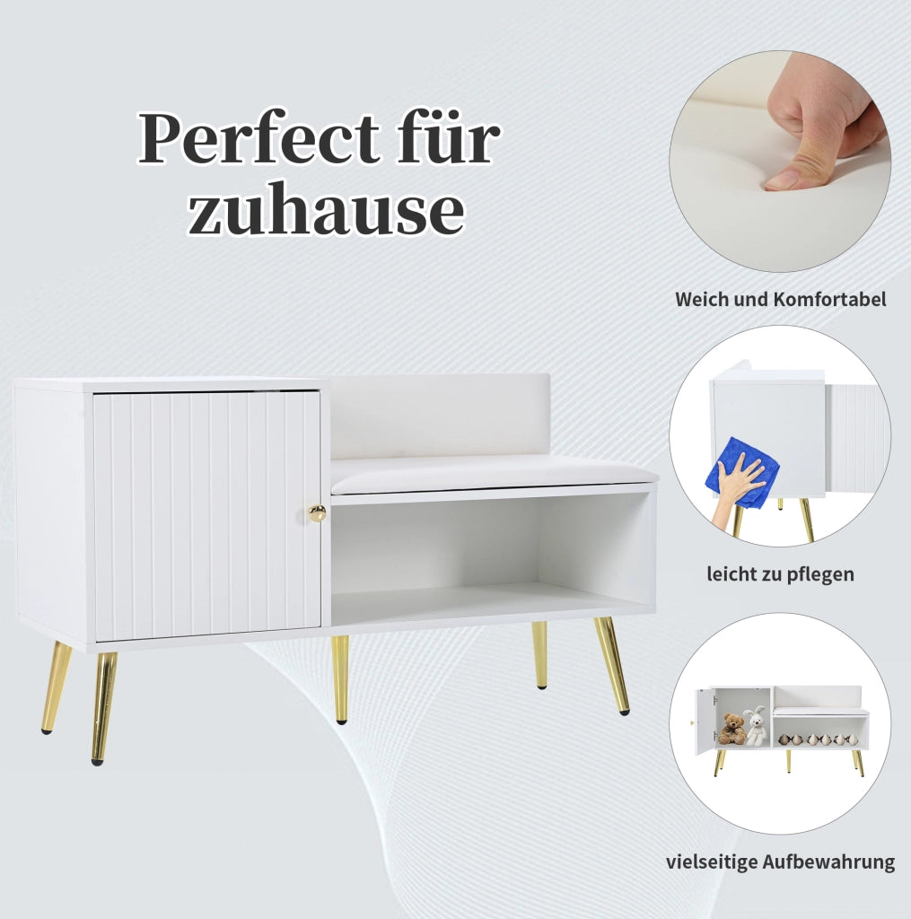 Scarpiera con seduta e schienale 100x38x58 cm in truciolare bianco con dettagli oro