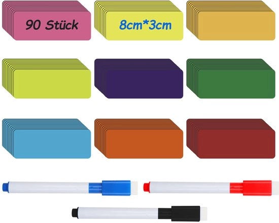 90 Strisce magnetiche descrittorie (80*30mm) con 3 pennarelli bianchi, pannello magnetico descrittivo colorato, adesivo magnetico descrittivo universale per whiteboard, Kanban, frigorifero, whiteboard