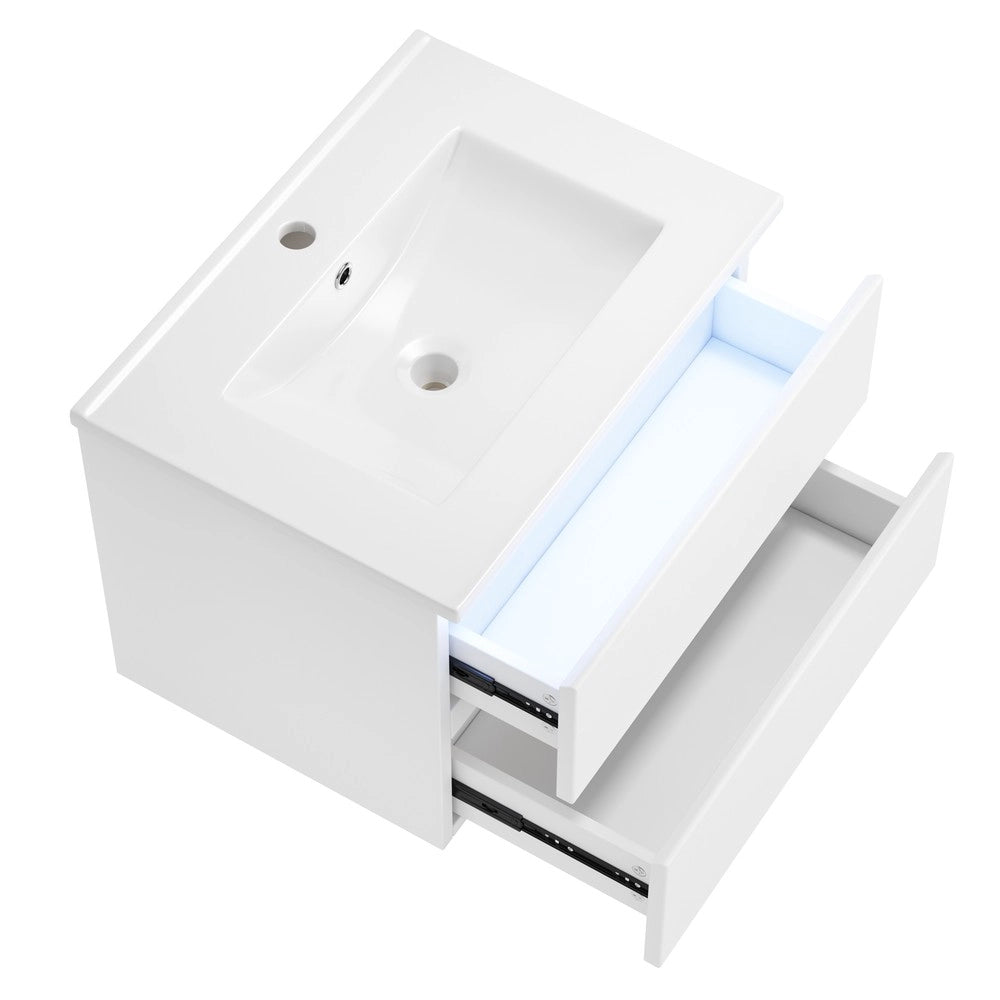 Mobile Bagno Sospeso con Lavabo Integrato e LED ¨C Xylo ¨C Bianco, 2 Cassetti, 61x46x45 cm
