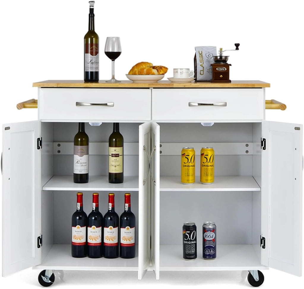 Carrello da cucina a isola con piano di lavoro, carrello da portata in legno con ruote bloccabili, trolley da cucina con 2 cassetti/portasciugamani/doppia porta, mobile da cucina (bianco)