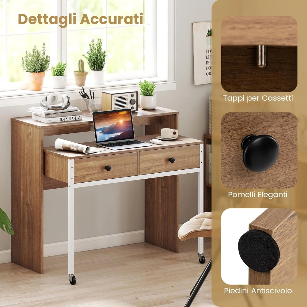 Scrivania per Computer, Tavolo Salvaspazio Retrattile con Cassetti e Ruote Universali Bloccabile, 100 x 63 x 88 cm, Desk Gaming per Ufficio, Soggiorno e Camera da Letto (Naturale)