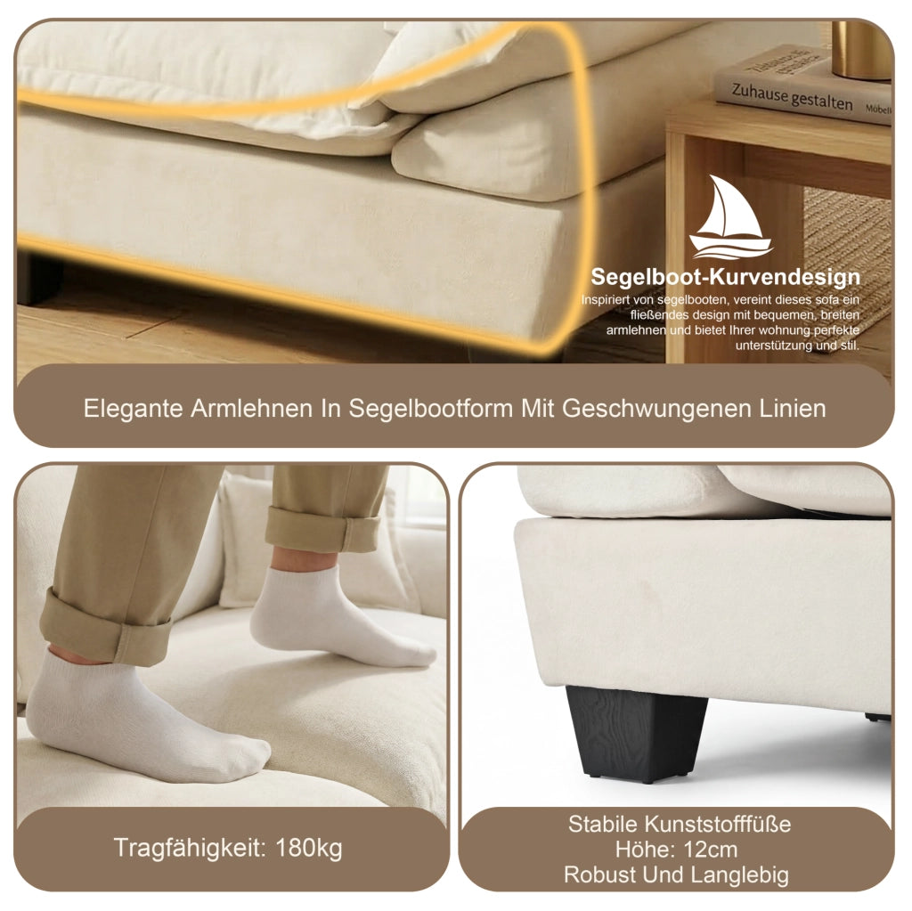 Divano 2 posti in chenille beige con braccioli curvi, design ispirato a barca a vela, ideale per spazi compatti