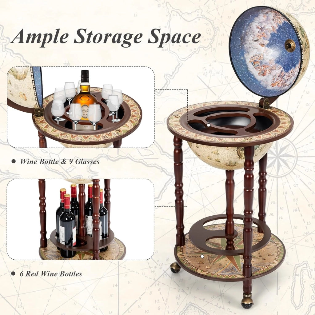 Porta Bottiglie di Vino con Ruote, Mappamondo Bar, Portabottiglie Vino in Legno Eucalipto, Carrello da Bar, Mini Bar con Ruote a Stile Classico (45 x 45 x 88 cm, beige)