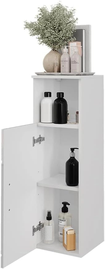 Mobiletto midi Irma, Bianco/bianco lucido, 30 x 93 cm con porta, per la conservazione di articoli da bagno e asciugamani