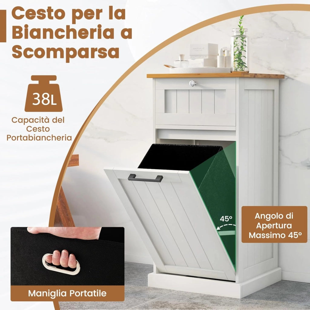 Mobile con Cesta Portabiancheria, Cesto per Biancheria con Cassetto, Mobile Multiuso da Bagno, 40x37x82 cm, Bianco