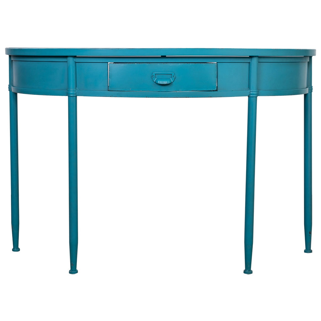 Console in metallo con 1 cassetto blu invecchiato 120x44x80