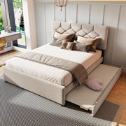 OKWISH Letto con Cassetti 140×200 cm, Letto Matrimoniale con Letto Estraibile e Cassetto, Testiera Imbottita, senza Materasso, Beige