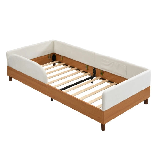 Letto singolo imbottito in velluto e legno 90x200 bianco 2 tasche bordo antiurto