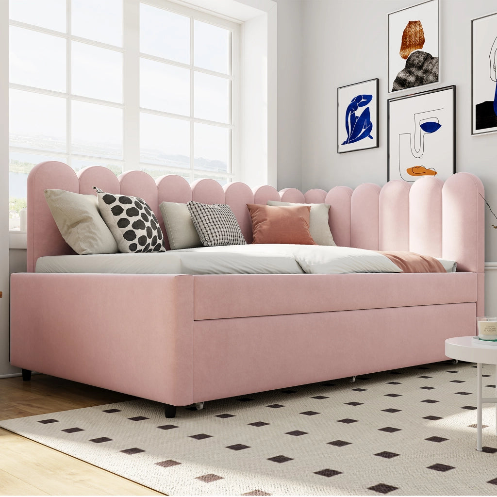 DESMIU Letto estraibile 140 × 200 cm 2 posti con secondo letto e schienale floreale, senza materasso, rosa