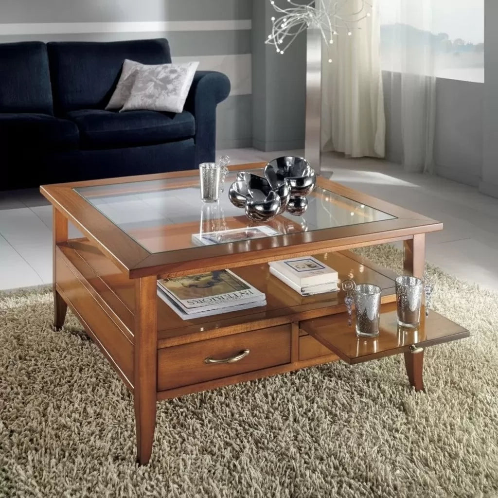 Tavolino quadrato classico 2 cassetti 2 tiretti legno noce bassano 90x90x48 - Mobili 2G