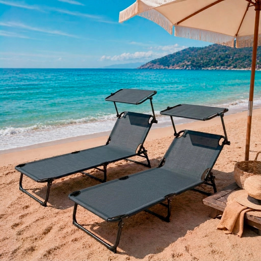 Lettino Prendisole Pieghevole Con Tettuccio Parasole Schienale Reclinabile Regolabile Telaio In Metallo Nero 187 x 53 x 24 Cm Grigio Scuro