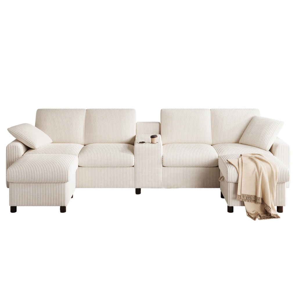 Divano a U in velluto a coste con 2 pouf contenitore; tavolino; USB; Type-C e prese; beige
