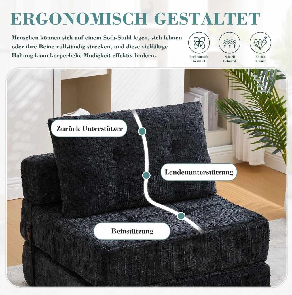 Divano letto pieghevole in chenille nero 79x180x18 cm; con cuscino schienale e poggiatesta