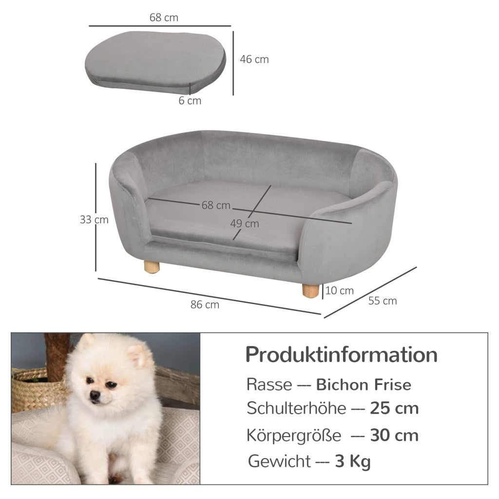 Letto per cani imbottito in velluto con schienale e cuscino ¨C zephmum ¨C 86x55x33 cm grigio chiaro