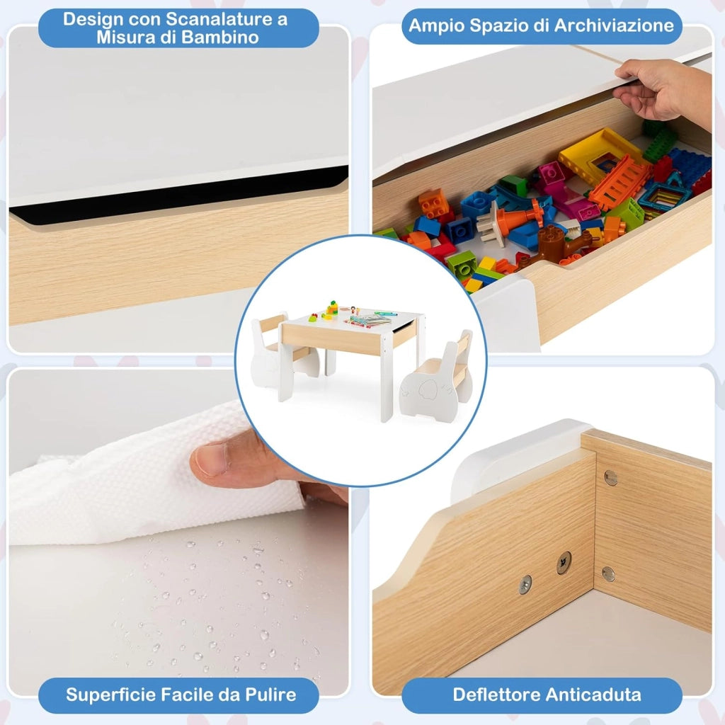 Set Tavolo e Sedie per Bambini, Set di Tavolo da Attività per Bambini con 2 Sedie, Lavagna Rimovibile e Deposito, per Giocare, Disegnare e Leggere (bianco)