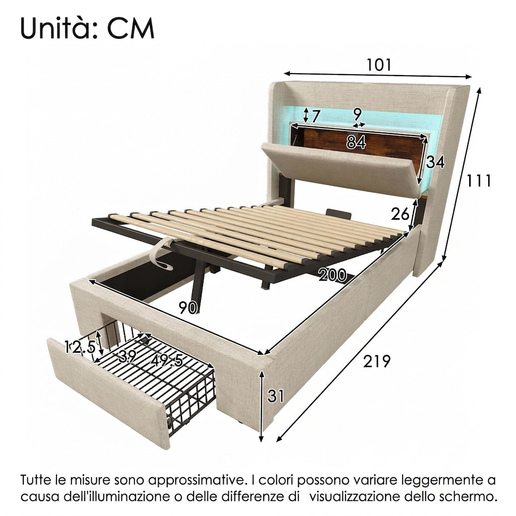 Letto singolo imbottito 90x200 cm con contenitore idraulico; LED e prese USB; lino beige