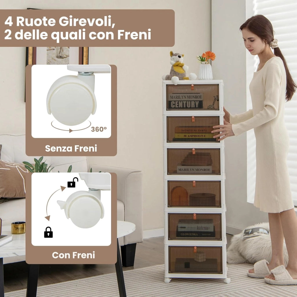Scarpiera Pieghevole a 3/4/6 Piani, Mobile Multiuso Impilabile con Porte Trasparenti Magnetiche e Ruote Piroettanti Bloccabili, Contenitore con Coperchio per Cibi Giocattoli Abiti (6 Piani)