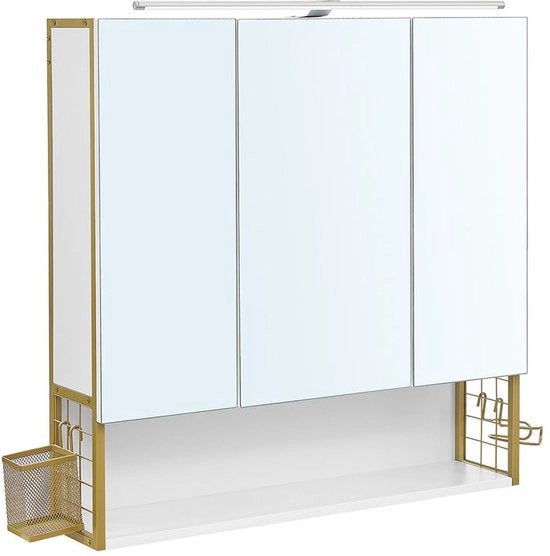 Scaffale con specchio - Specchio - Spazio di stoccaggio riflettente - Illuminato - 70 cm x 14,5 cm x 70 cm - Finitura elegante bianco oro