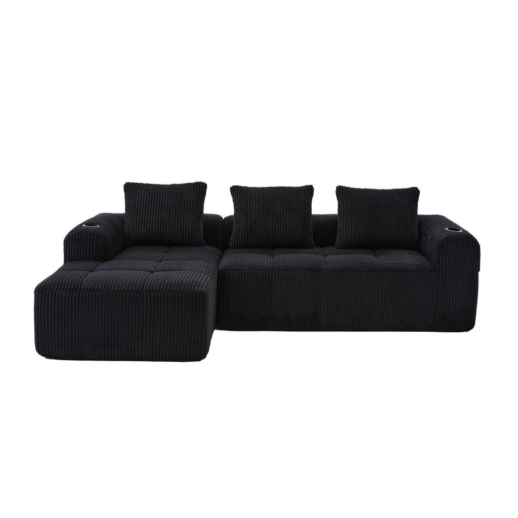 Divano Compatto in Tessuto a Coste con Cuscini ¨C MINIMAL ¨C Nero, Modulare, Portabicchieri