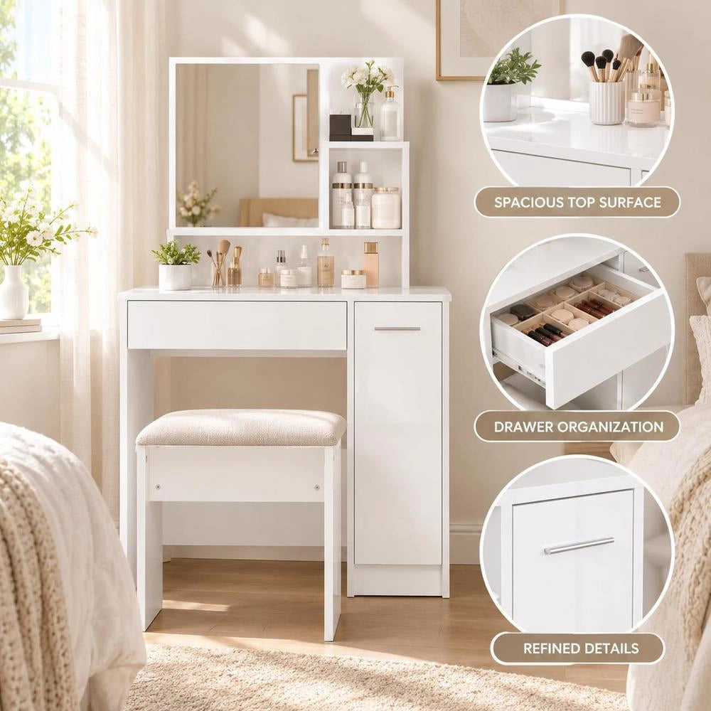 Dressing Table With Mirror, High-gloss White, 86.5x35x136 Cm
