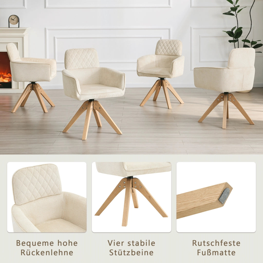 Sedia da Pranzo Set da 2 Girevole a 360° con Braccioli e Gambe in Legno Massello in Tessuto Bianco e Legno