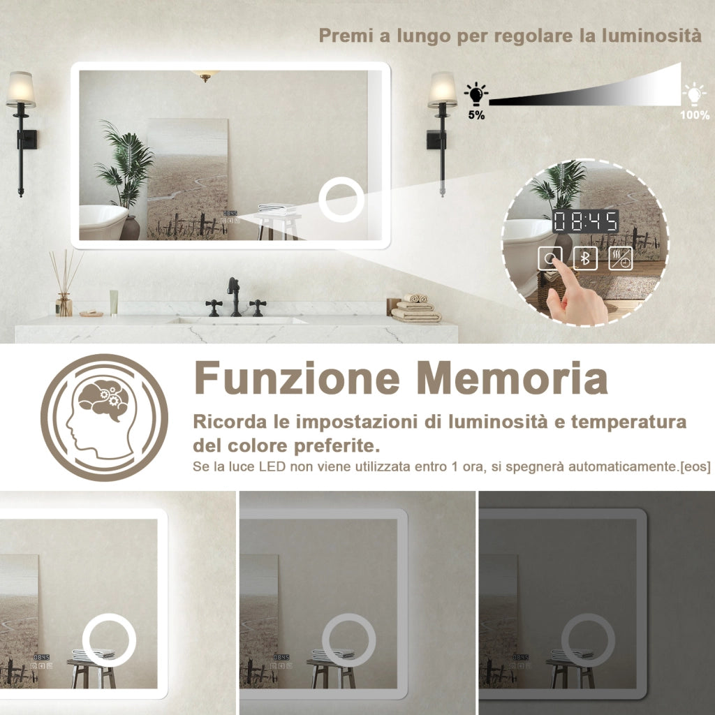 Specchio bagno Rettangolare 140x80cm Led Con 3 Luci + 3X Lente d'ingrandimento + Bluetooth + Orologio + Antiappannamento