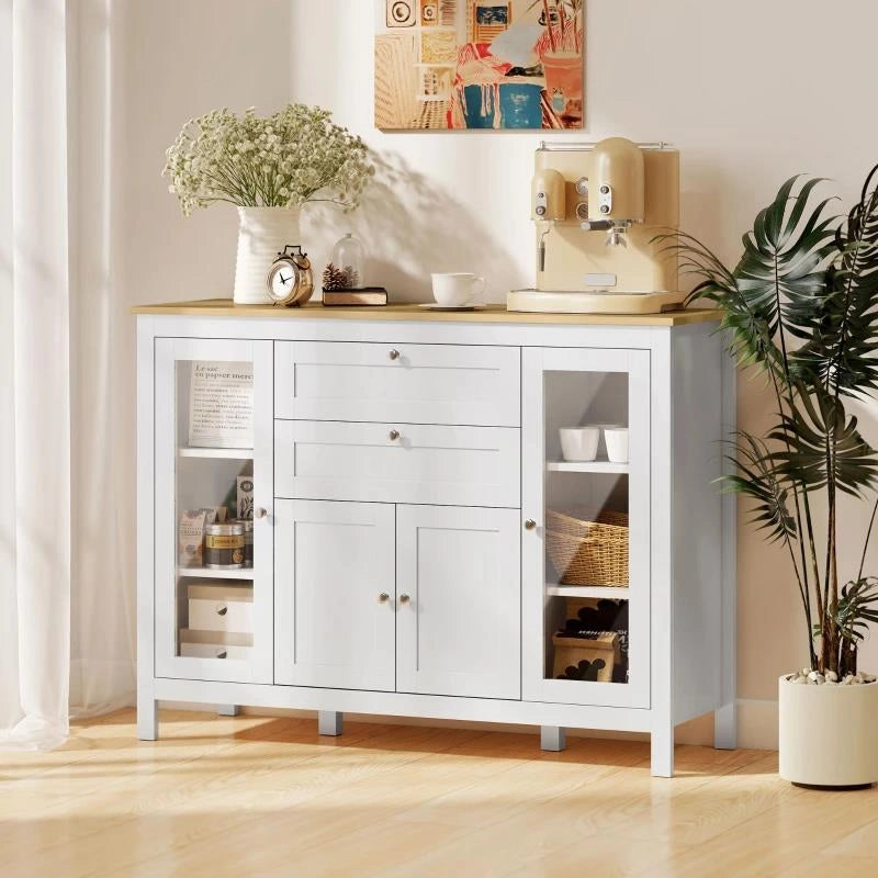 MOBILE CUCINA CON 2 CASSETTI E 3 ARMADIETTI, ANTE IN VETRO E RIPIANI REGOLABILI, 120X40X90 CM, BIANCO E ROVERE
