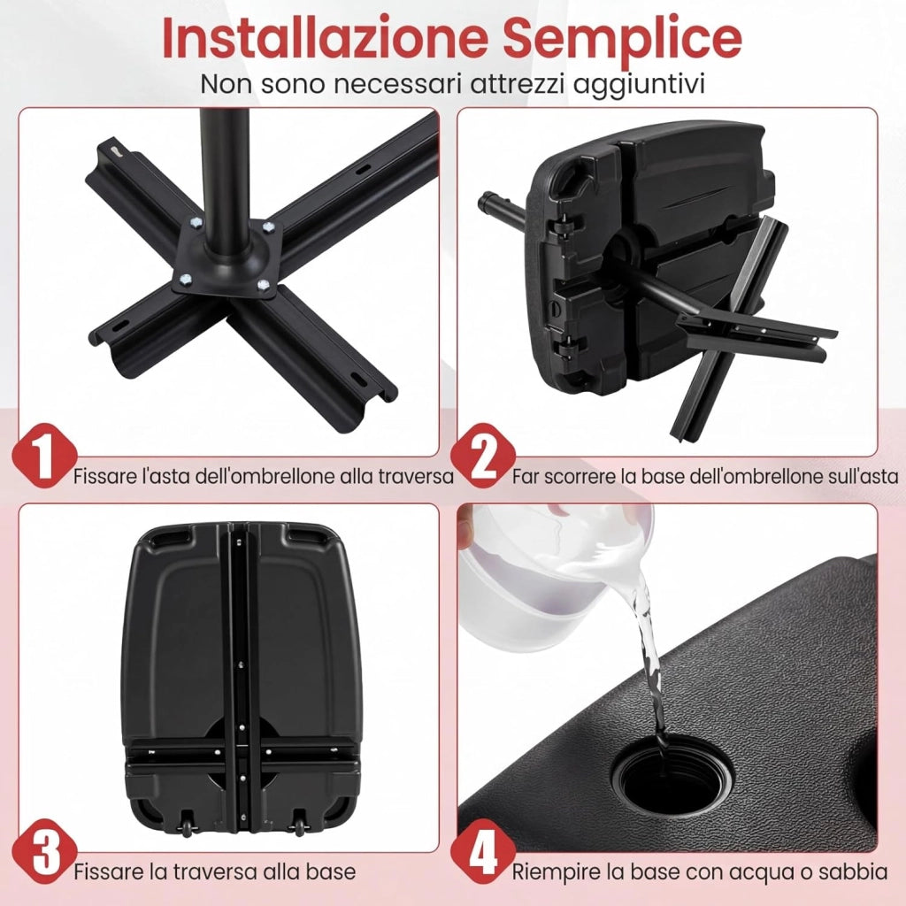 Base per Ombrellone da Patio a 102 kg/150 kg, in Plastica HDPE con Ruote, Supporto Quadrato per Ombrellone Riempibile con Acqua o Sabbia, per Esterno, Balcone, Spiaggia (150, Chilogrammi)