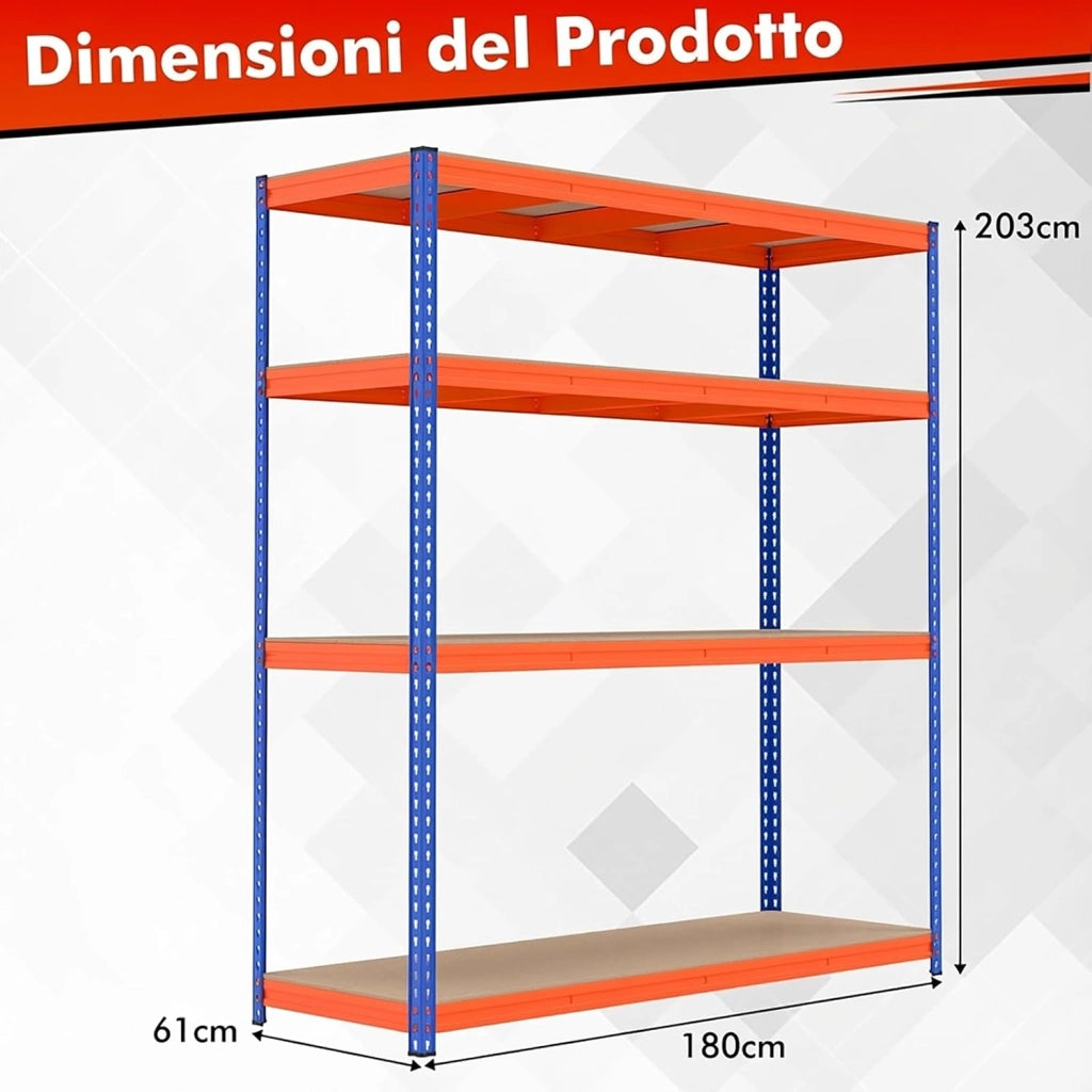 Scaffale Metallo a 4 Ripiani Regolabili, Scaffalatura Alta Portata 2400 KG a Ali Farfalla, Scaffale Industriale in Acciaio e MDF, per Casa, Cucina e Garage, 181 x 61 x203 cm