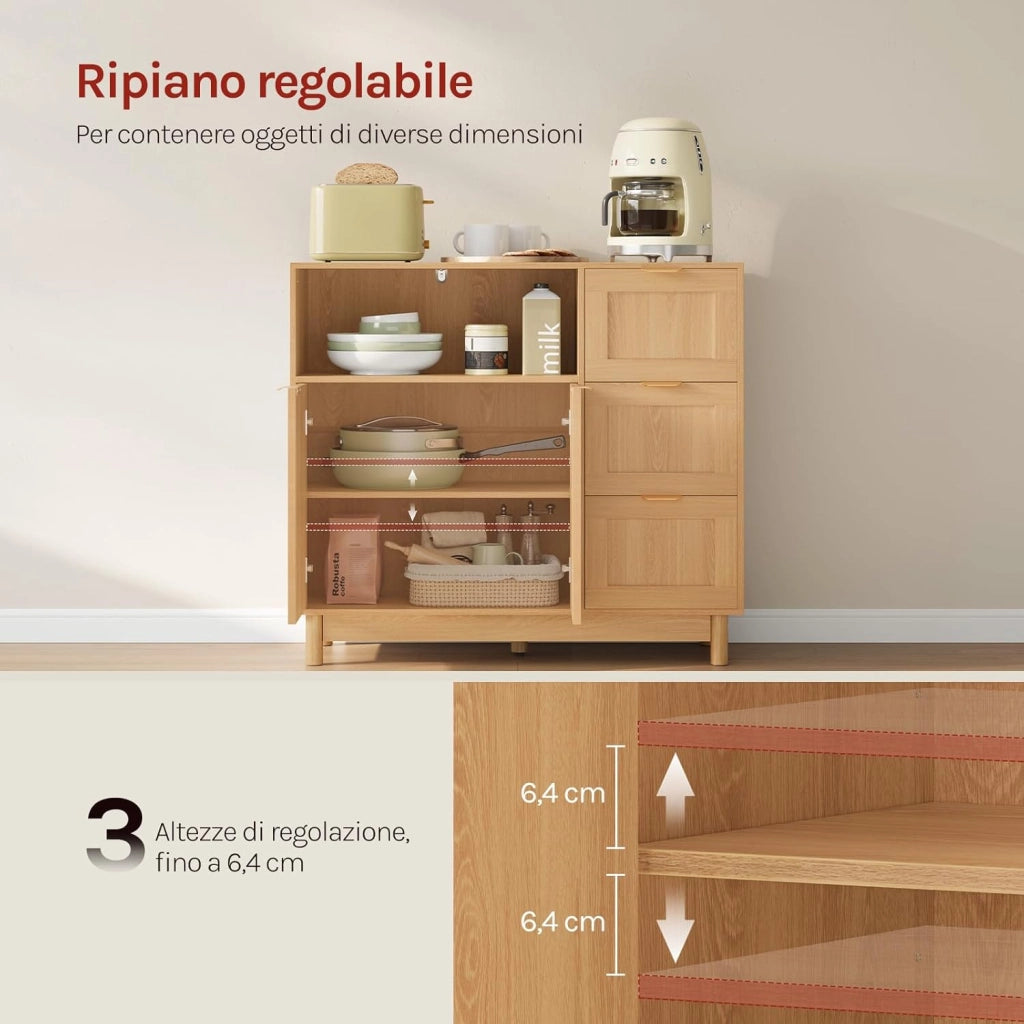 Credenza con 3 Cassetti, 2 Ante e 1 Scomparto Aperto, Mobile da Cucina Salvaspazio in Legno, con Ripiano Regolabile, per Soggiorno, Cucina, 90x35x80 cm, Effetto Legno