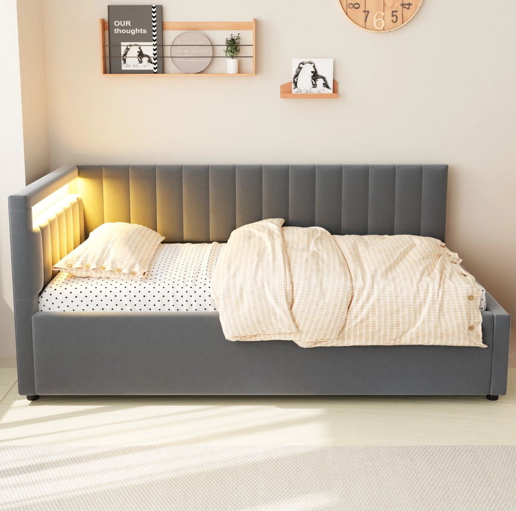 Divano letto 90x200 cm con LED e contenitore; velluto grigio (Senza materasso)