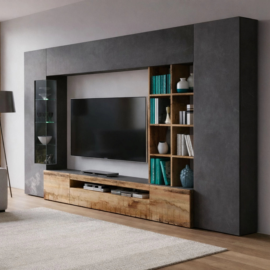 Parete attrezzata da Andy, Made in Italy, Mobile porta TV, Set salotto moderno, cm 290x40h192, Ardesia e Acero, con luce LED blu