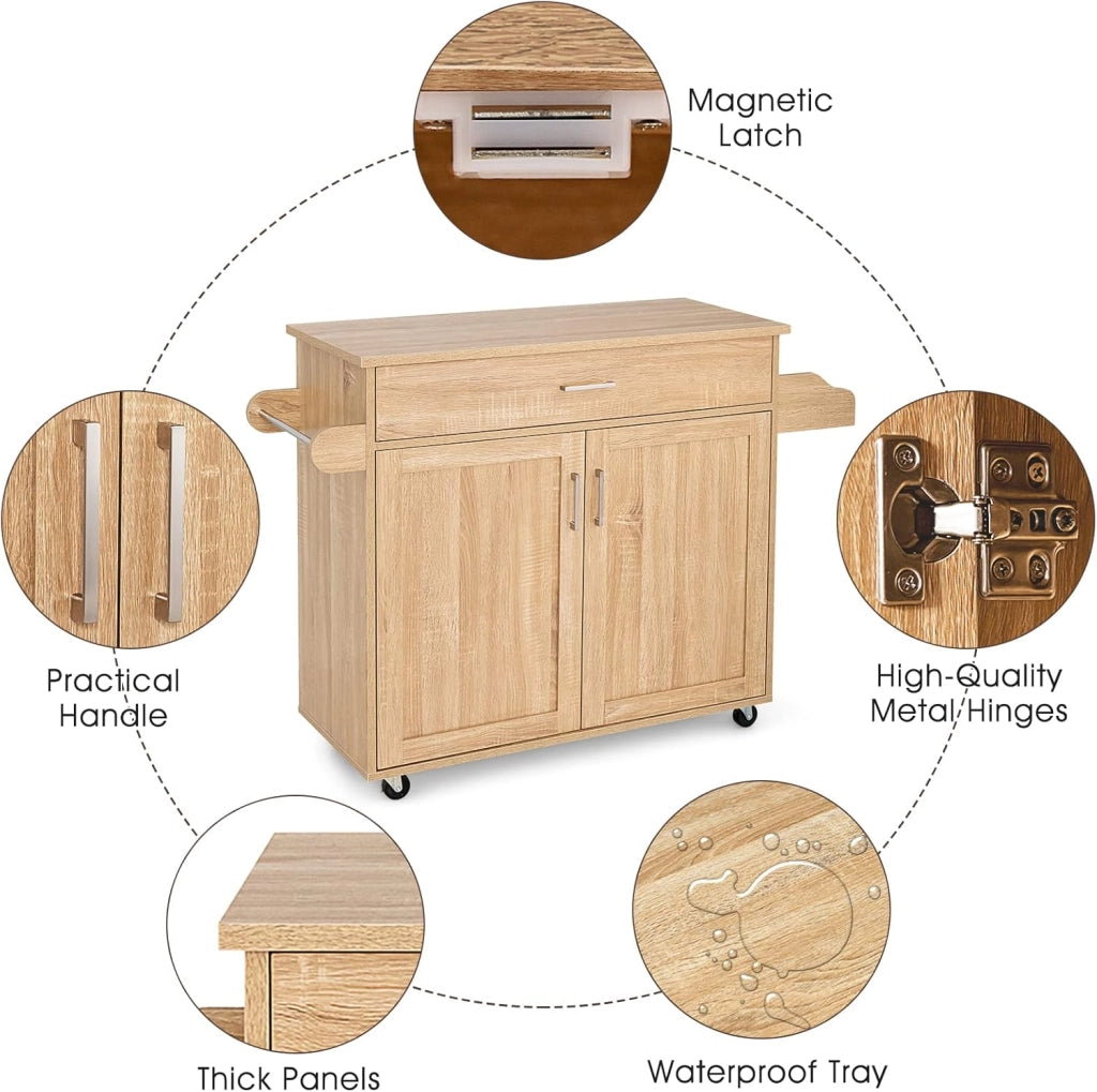 Carrello da Cucina, Credenza Mobile con Cassetto, Anta Doppia, Portaspezie e Portasciugamano, Ripiani Regolabili, Ruote con Freni, Portata di 50 kg, 116x40x85 cm, 4 Colori (naturale)