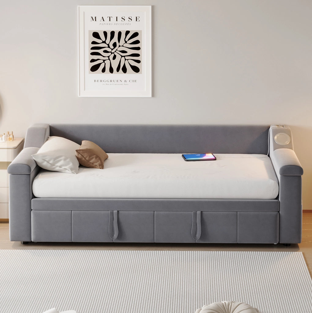 Divano letto estraibile 90/180x190 cm con Bluetooth; USB e vani in velluto grigio