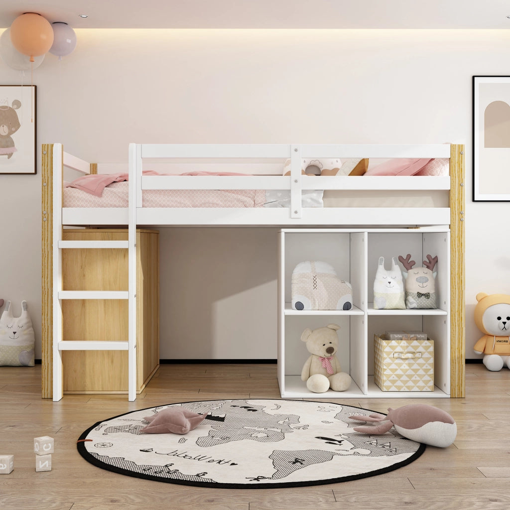 Letto a castello con scaletta 90x200 cm in legno massello bianco naturale