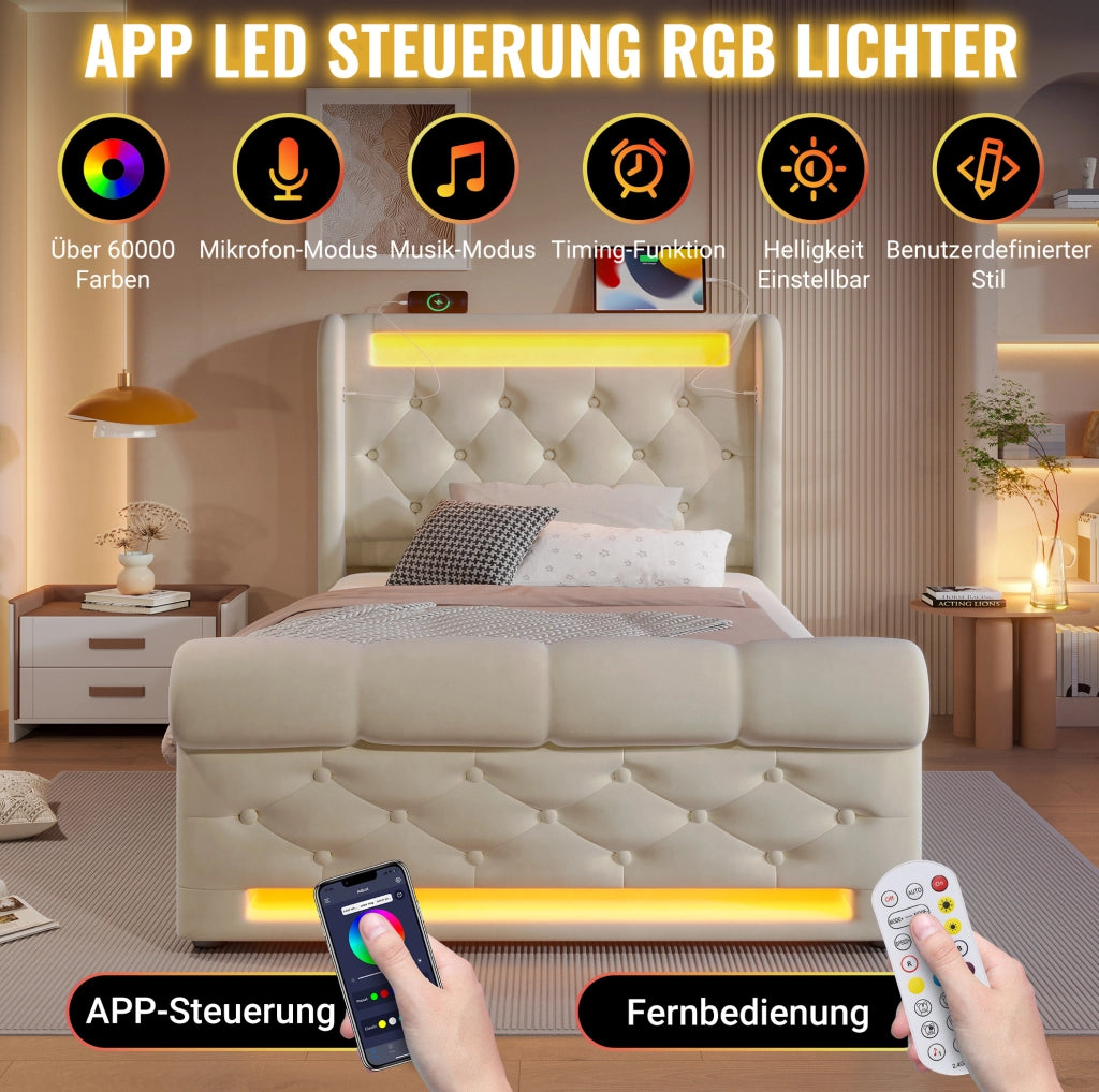 Letto singolo contenitore 90x200 cm in velluto beige con LED e USB-C
