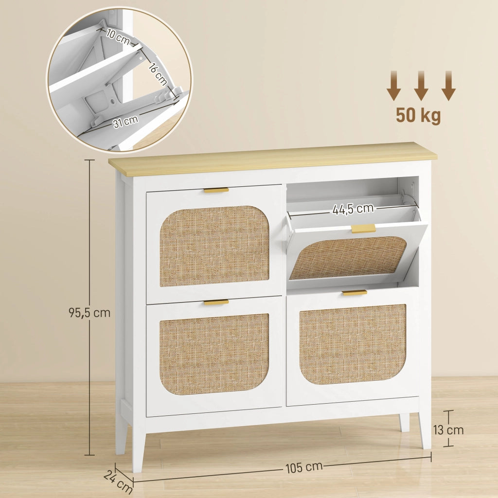 Scarpiera con Ante Effetto Cannage e 4 Cassetti ¨C Minimal ¨C Bianco 105x24x95.5 cm