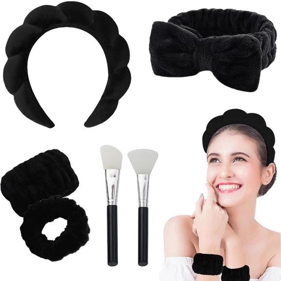 Set di 4 fasce per il lavaggio del viso, con set di fascia per il trucco, set di fascia per il viso con spugna, set di fascia per il trucco con spazzola per maschera in silicone per lavaggio del viso (nero)