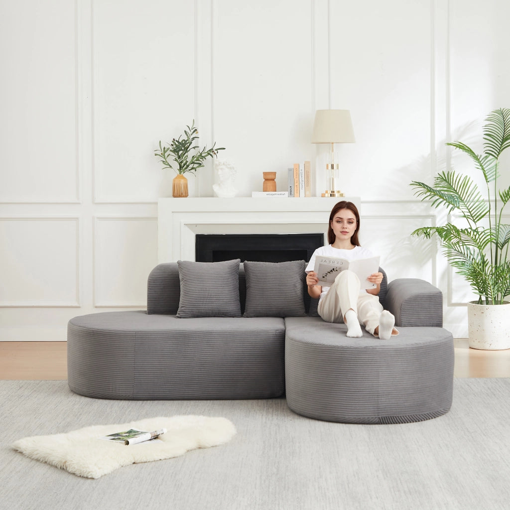 Divano ad angolo modulare in velluto a coste con schienale curvo e braccioli curvi grigio 220 × 155 × 70 cm