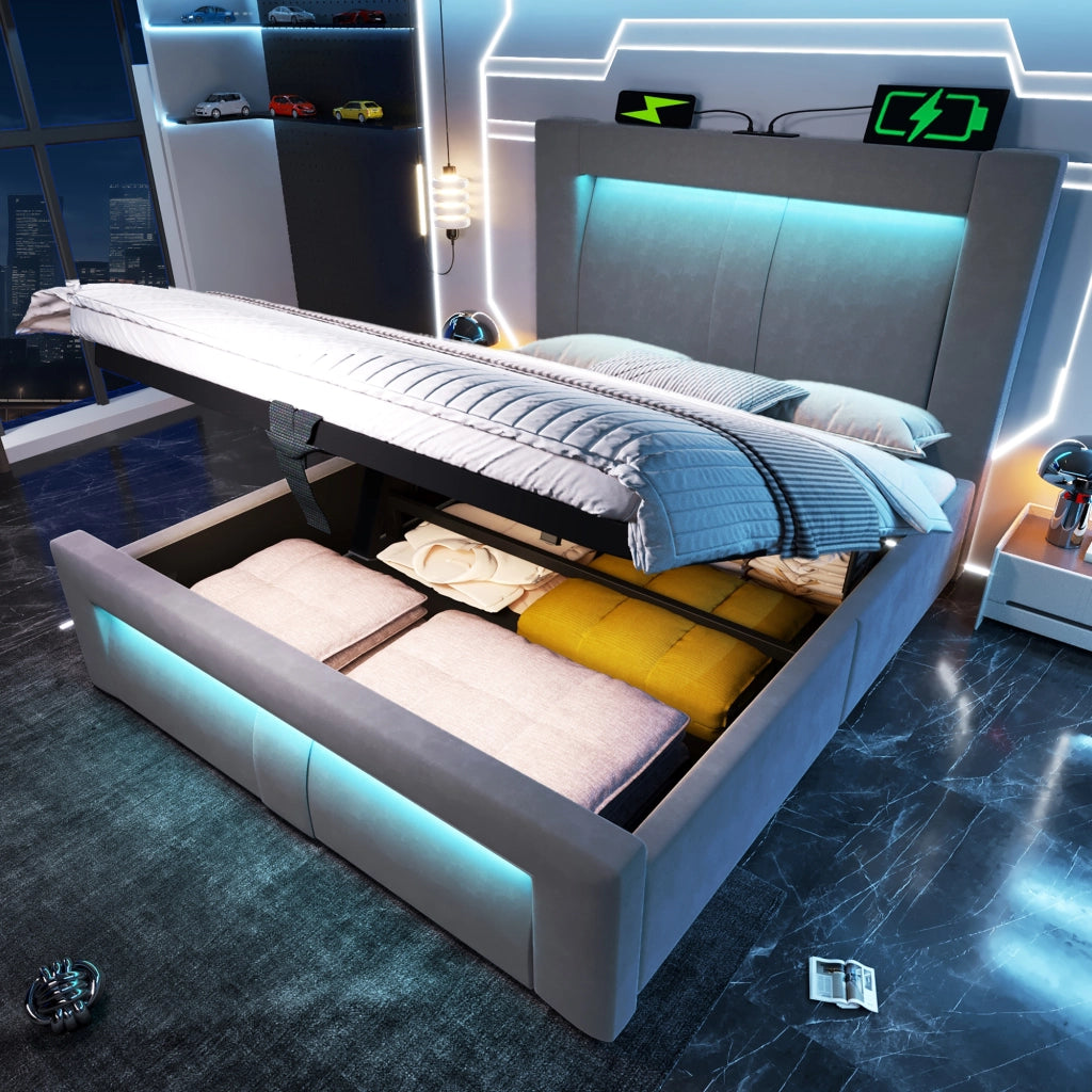 OKWISH Letto Contenitore 90×200 cm, Letto Singolo con LED, USB, Tipo C e Testiera Curva, senza Materasso, in Velluto, Grigio