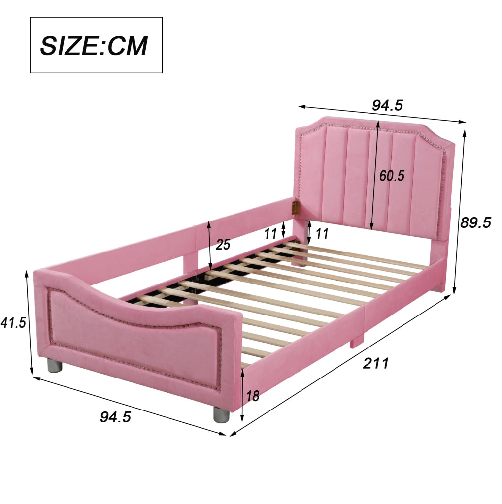 Letto imbottito per bambini 90x200 cm con schienale e braccioli in flanella rosa