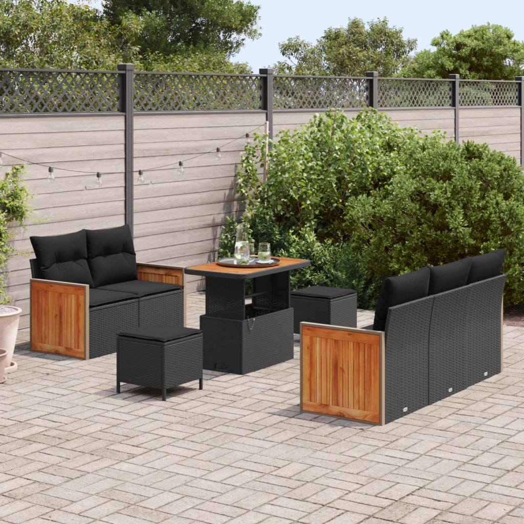 Set Divano da Giardino  8 Pezzi con Cuscini Nero Rattan Polimerico Acacia
