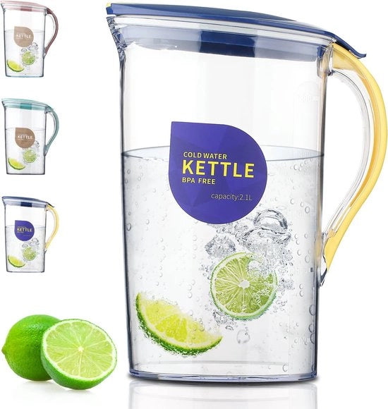Karaf trasparente 2.1L, con coperchio, adatto per tè, succo e bevande fredde, realizzato in PET inodore, materiale BPA-free (giallo)