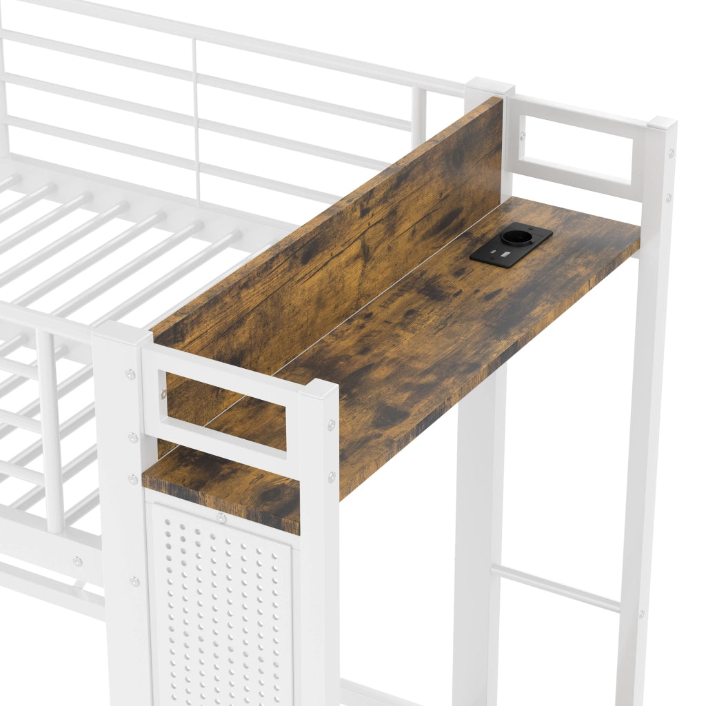 Letto a Soppalco Singolo con 4 Cassetti; USB; Porta C e LED 90 × 200 cm; senza Materasso; Metallo Bianco
