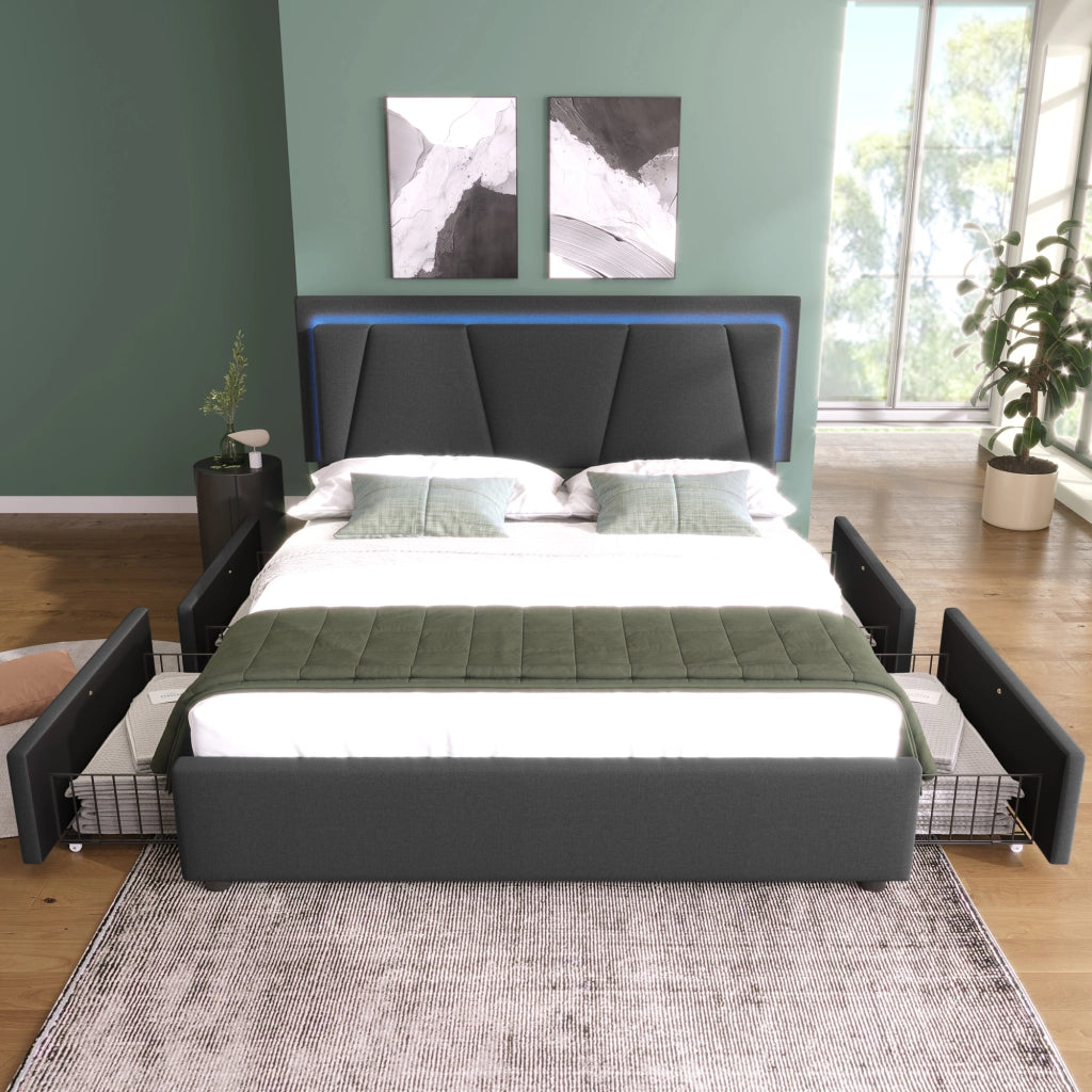 Letto contenitore matrimoniale 160 × 200 cm con 4 cassetti, LED, testiera regolabile, materasso incluso