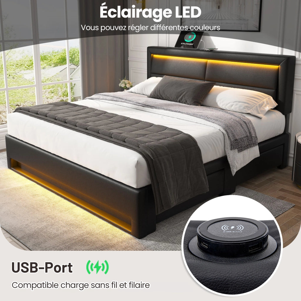 OKWISH Letto con Cassetti 140×200 cm, Letto Matrimoniale con USB, Ricarica Wireless, LED Regolabile e 4 Cassetti, senza Materasso, in PU, Nero