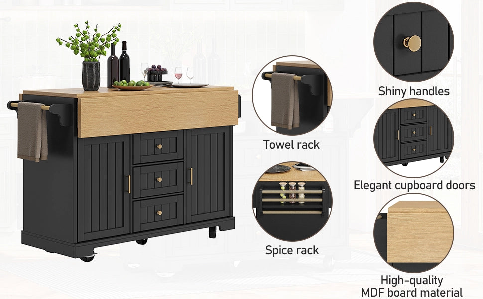 Buffet da Cucina con Ruote ¨C MINIMAL ¨C Nero/Bianco, 2 Ante, 3 Cassetti, 120x40x95 cm