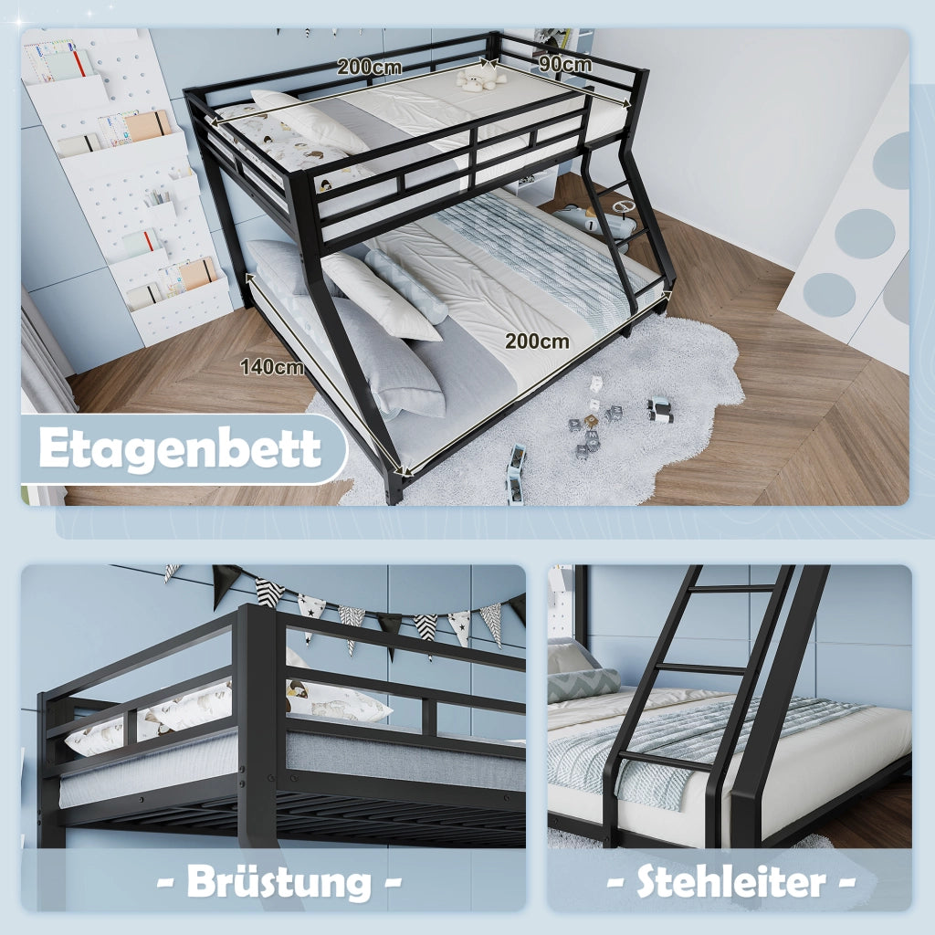 Letto a castello 90×200 cm e 140×200 cm; 2 posti con scala; sponde; senza materasso; metallo nero