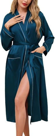 Kimono da camera per donna, lunga, notturno, V-collo, azzurro pallido, modello L